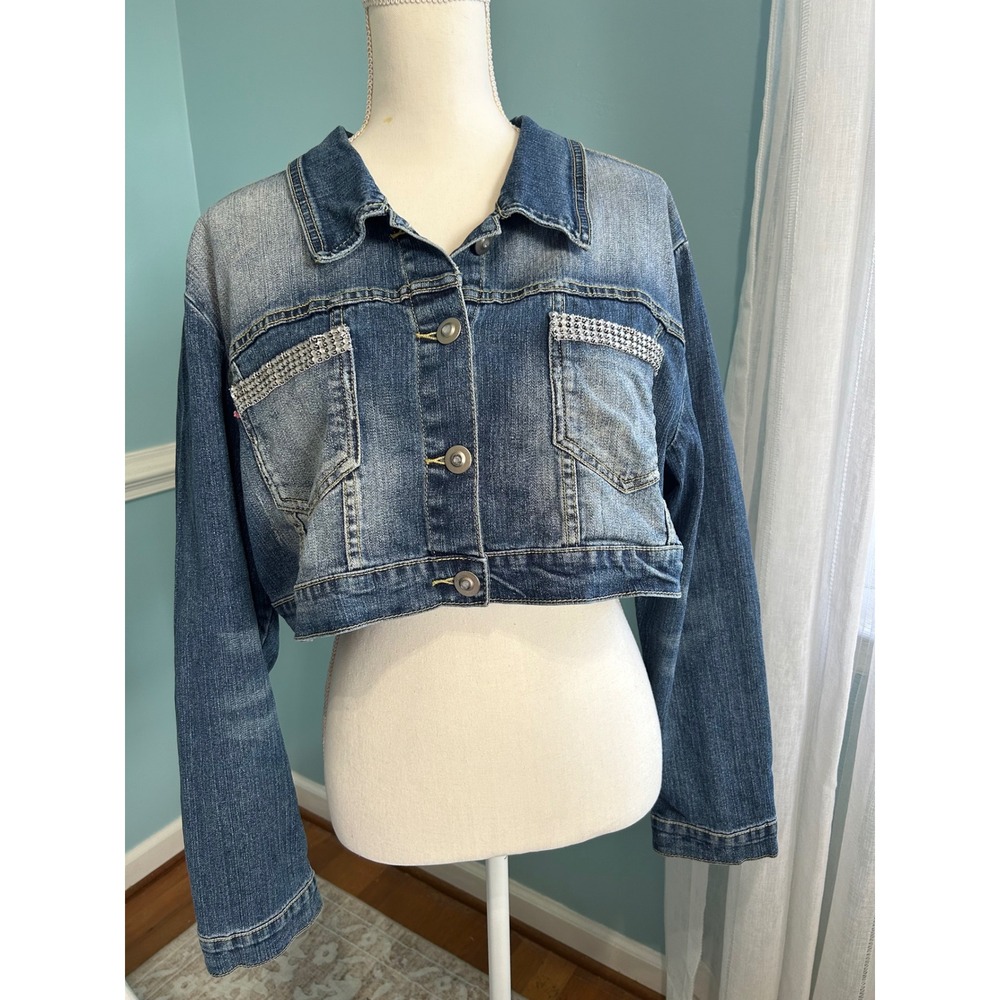Americana Blues Womens 1X Cropped Denim Jacket Rhinestone Pockets Blue Wash
